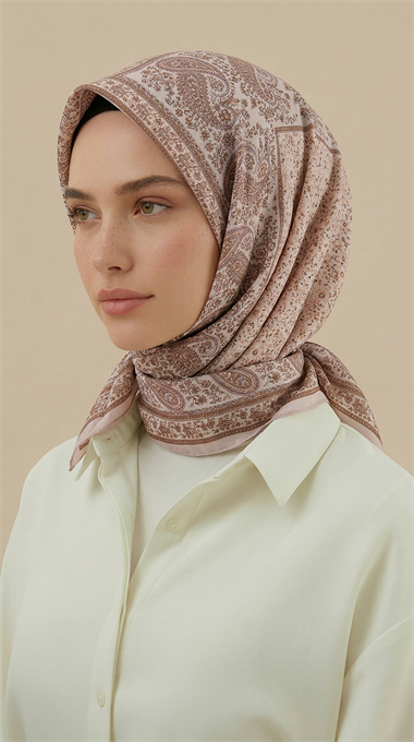 RAVENA DESENLİ 120*120 CM İPEK ŞİFON EŞARP - SOMON / KREM