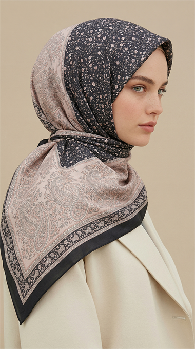 RAVENA DESENLİ 120*120 CM İPEK ŞİFON EŞARP -  PUDRA / SİYAH