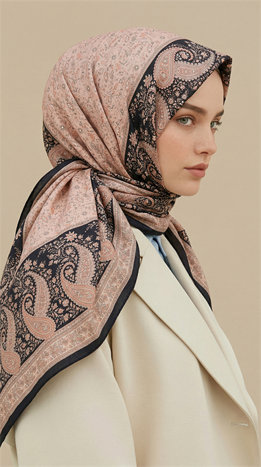 RAVENA DESENLİ 120*120 CM İPEK ŞİFON EŞARP - BEJ / SİYAH 
