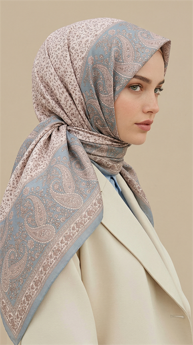 RAVENA DESENLİ 120*120 CM İPEK ŞİFON EŞARP -  KREM / BEBE MAVİSİ