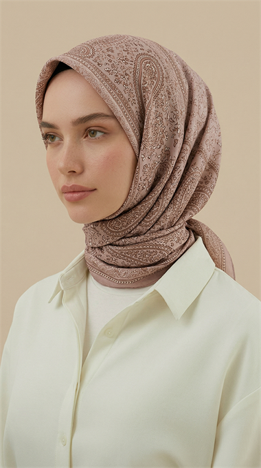RAVENA DESENLİ 120*120 CM İPEK ŞİFON EŞARP - TOZ PEMBE / KREM