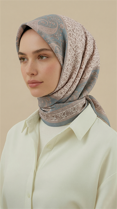 RAVENA DESENLİ 120*120 CM İPEK ŞİFON EŞARP -  KREM / BEBE MAVİSİ