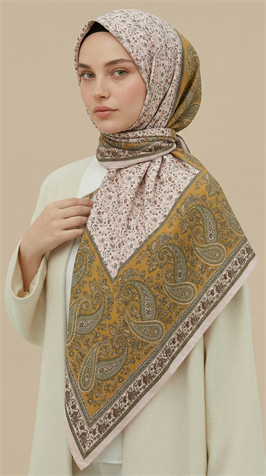 RAVENA DESENLİ 120*120 CM İPEK ŞİFON EŞARP - KREM / HARDAL