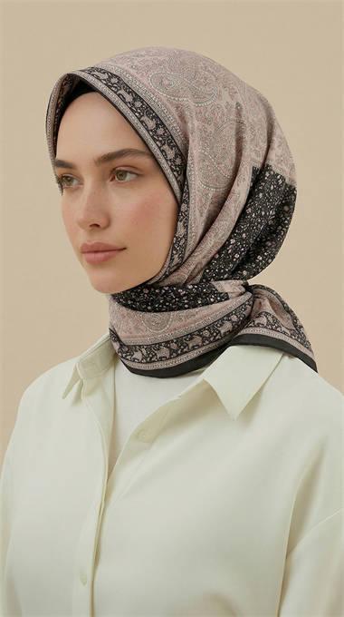RAVENA DESENLİ 120*120 CM İPEK ŞİFON EŞARP -  PUDRA / SİYAH