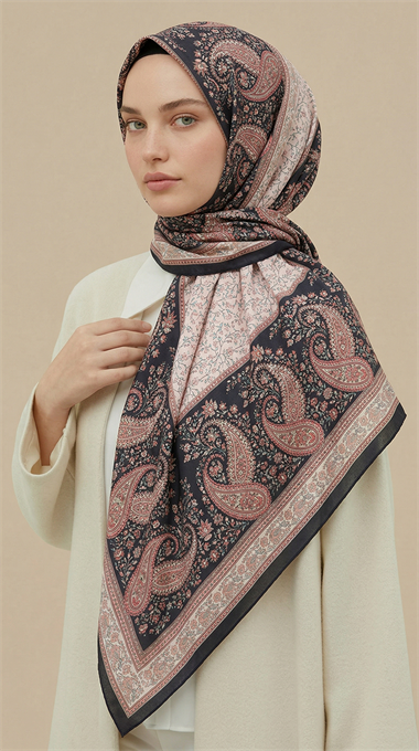 RAVENA DESENLİ 120*120 CM İPEK ŞİFON EŞARP - SİYAH / KIRMIZI 