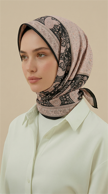 RAVENA DESENLİ 120*120 CM İPEK ŞİFON EŞARP - BEJ / SİYAH 