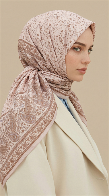 RAVENA DESENLİ 120*120 CM İPEK ŞİFON EŞARP - SOMON / KREM