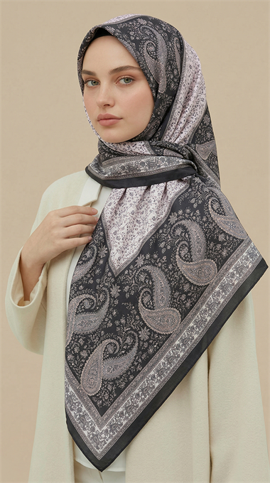 RAVENA DESENLİ 120*120 CM İPEK ŞİFON EŞARP - SİYAH / BEYAZ