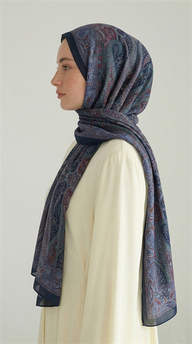 ROYAL ETNİK DESEN COTTON ŞAL - LACİVERT