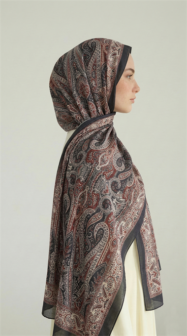 ROYAL ETNİK DESEN COTTON ŞAL - SİYAH / KİREMİT
