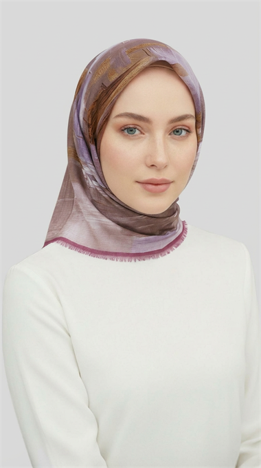SOYUT DESENLİ YÜN EŞARP -  KAHVERENGİ /LİLA