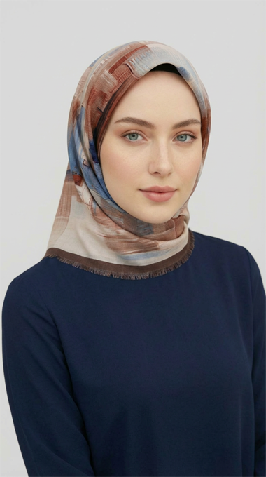 SOYUT DESENLİ YÜN EŞARP -  KAHVERENGİ / MAVİ 