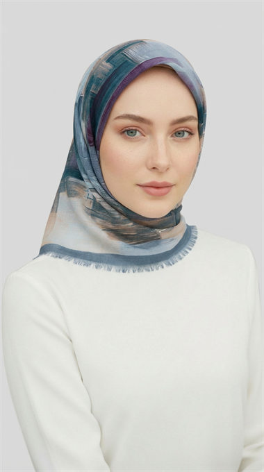 SOYUT DESENLİ YÜN EŞARP -  KREM / PETROL YEŞİLİ