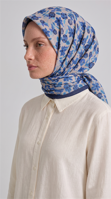VELORA DESENLİ COTTON EŞARP - MAVİ / KREM 