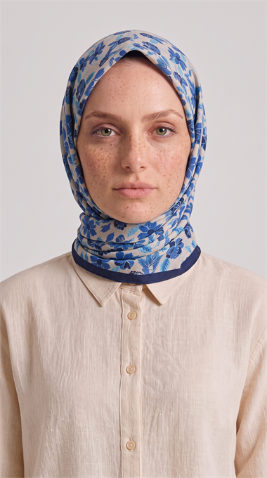 VELORA DESENLİ COTTON EŞARP - MAVİ / KREM 