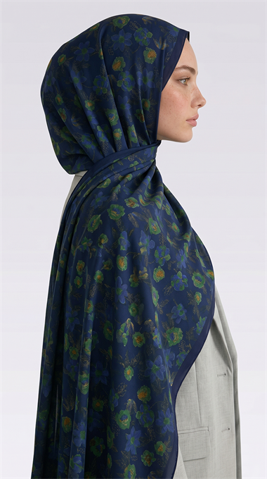 VELORA DESENLİ COTTON ŞAL -  LACİVERT / YEŞİL 
