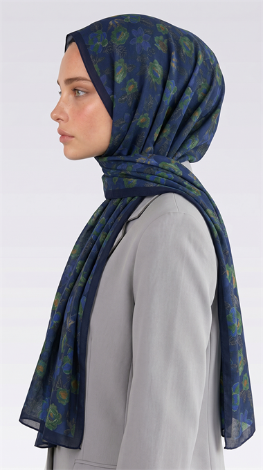 VELORA DESENLİ COTTON ŞAL -  LACİVERT / YEŞİL 
