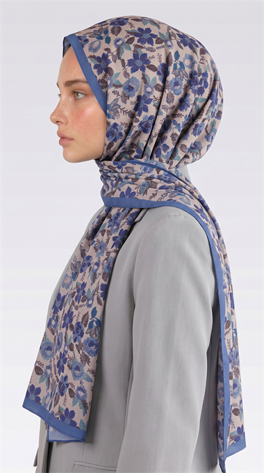 VELORA DESENLİ COTTON ŞAL -  MAVİ / KREM