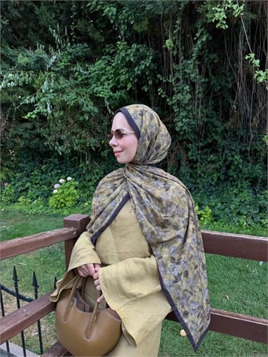 VELORA DESENLİ COTTON ŞAL -  YAĞ YEŞİLİ