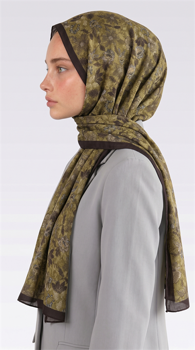 VELORA DESENLİ COTTON ŞAL -  YAĞ YEŞİLİ