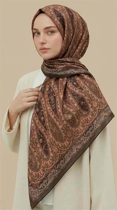VİRELLA 120*120 CM COTTON ŞAL EŞARP -  KOYU BEJ / SARI 