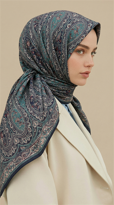 VİRELLA 120*120 CM COTTON ŞAL EŞARP -  KREM / TURKUAZ