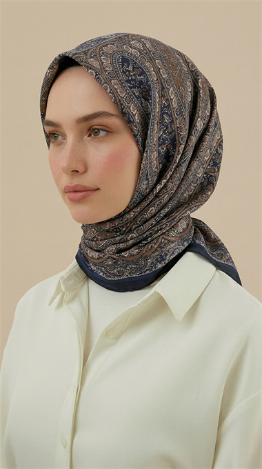 VİRELLA 120*120 CM COTTON ŞAL EŞARP - LACİVERT / BEJ