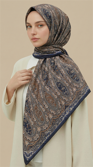 VİRELLA 120*120 CM COTTON ŞAL EŞARP - LACİVERT / BEJ