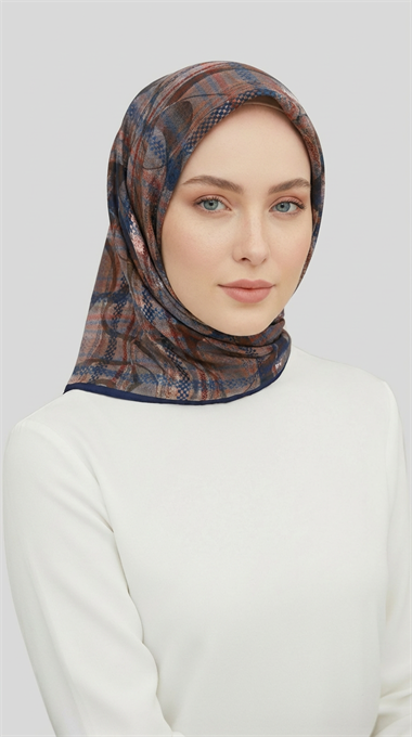 YANSIMA DESENLİ RAYON EŞARP - LACİVERT / KAHVERENGİ