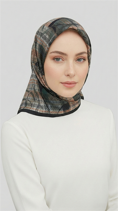 YANSIMA DESENLİ RAYON EŞARP - SİYAH  / HAKİ