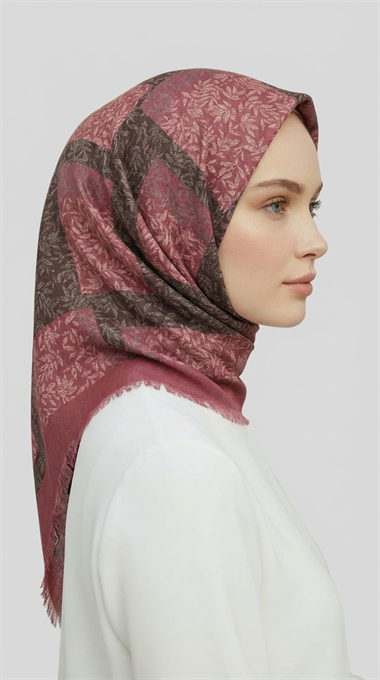 YAPRAK DESEN KIŞLIK YÜN EŞARP - PEMBE ANTRASİT GRİ