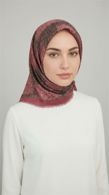 YAPRAK DESEN KIŞLIK YÜN EŞARP - PEMBE ANTRASİT GRİ