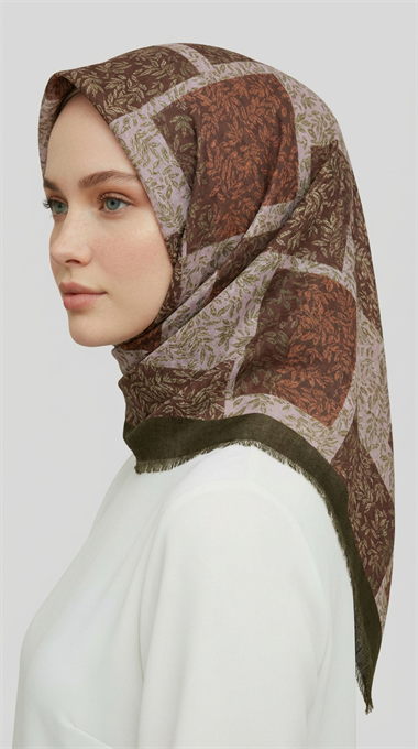 YAPRAK DESENLİ YÜN EŞARP - HAKİ / KREM 