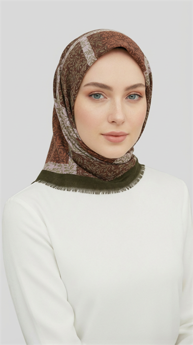 YAPRAK DESENLİ YÜN EŞARP - HAKİ / KREM 