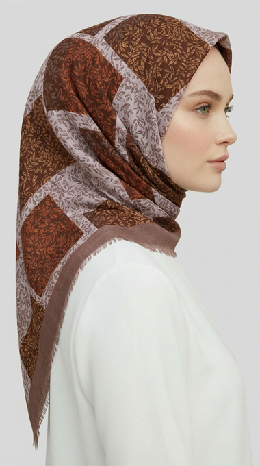 YAPRAK DESENLİ YÜN EŞARP - KAHVERENGİ / KREM 
