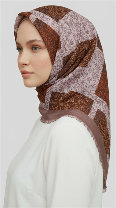 YAPRAK DESENLİ YÜN EŞARP - KAHVERENGİ / KREM 