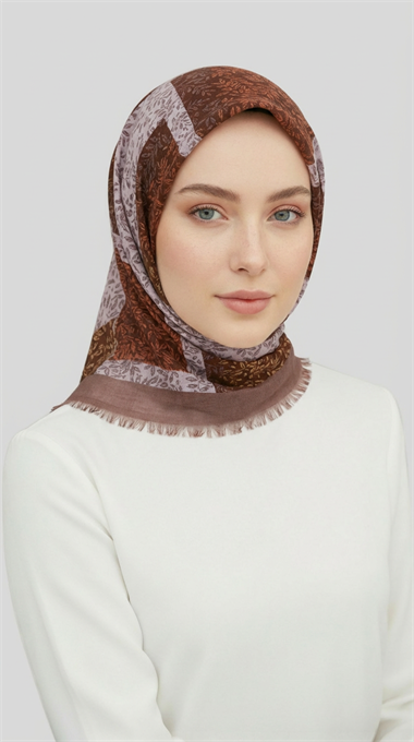 YAPRAK DESENLİ YÜN EŞARP - KAHVERENGİ / KREM 