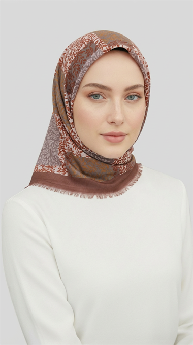 YAPRAK DESENLİ YÜN EŞARP -  KREM / SÜTLÜ KAHVE