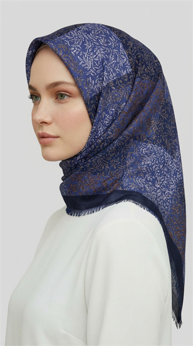 YAPRAK DESENLİ YÜN EŞARP - LACİVERT / İNDİGO