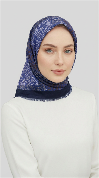 YAPRAK DESENLİ YÜN EŞARP - LACİVERT / İNDİGO