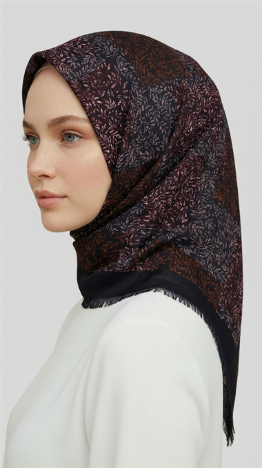 YAPRAK DESENLİ YÜN EŞARP - LACİVERT / KIRMIZI