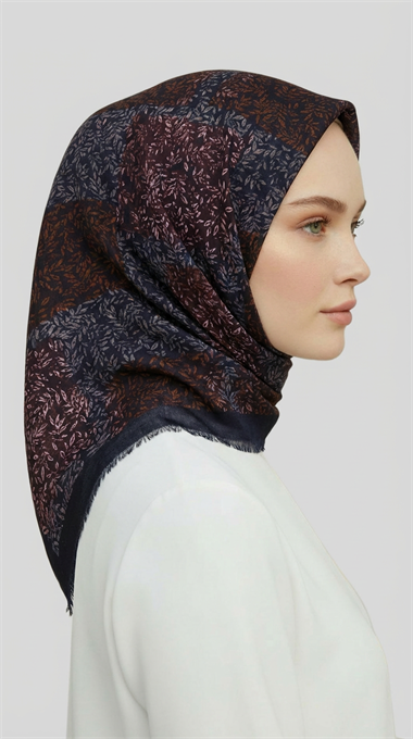 YAPRAK DESENLİ YÜN EŞARP - LACİVERT / KIRMIZI