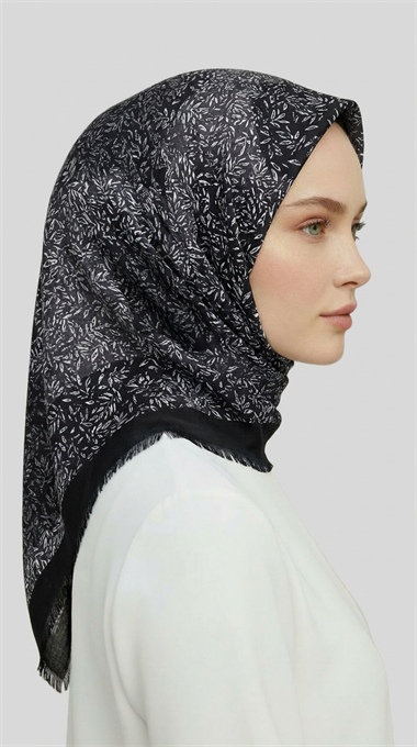 YAPRAK DESENLİ YÜN EŞARP - SİYAH / ANTRASİT GRİ 