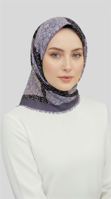 YAPRAK DESENLİ YÜN EŞARP - SİYAH GRİ