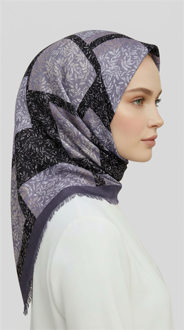 YAPRAK DESENLİ YÜN EŞARP - SİYAH GRİ