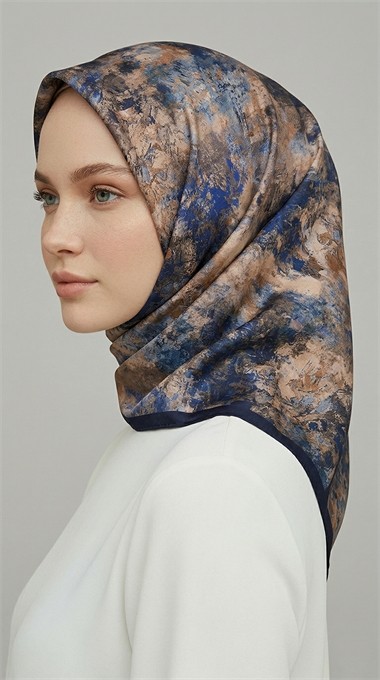 ZARAFET DESENLİ RAYON EŞARP -  LACİVERT / EKRU