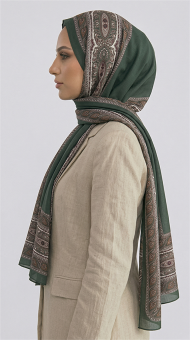 ZİNCİR DESENLİ COTTON ŞAL - HAKİ 