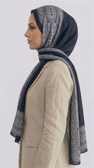 ZİNCİR DESENLİ COTTON ŞAL - LACİVERT / BEYAZ