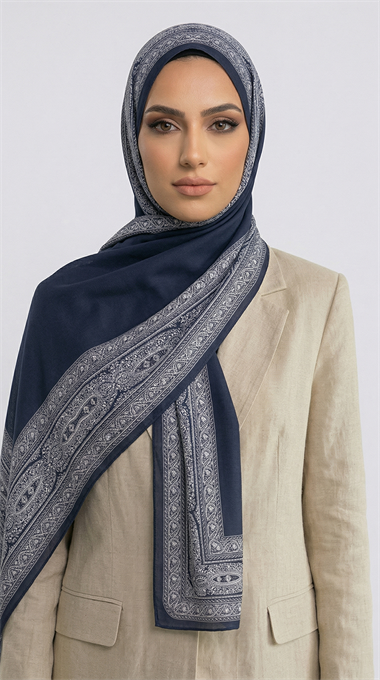 ZİNCİR DESENLİ COTTON ŞAL - LACİVERT / BEYAZ