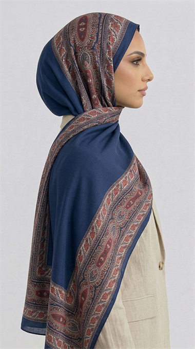 ZİNCİR DESENLİ COTTON ŞAL - LACİVERT / KIRMIZI